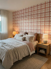 Red watercolour plaid wallpaper in a bedroom.