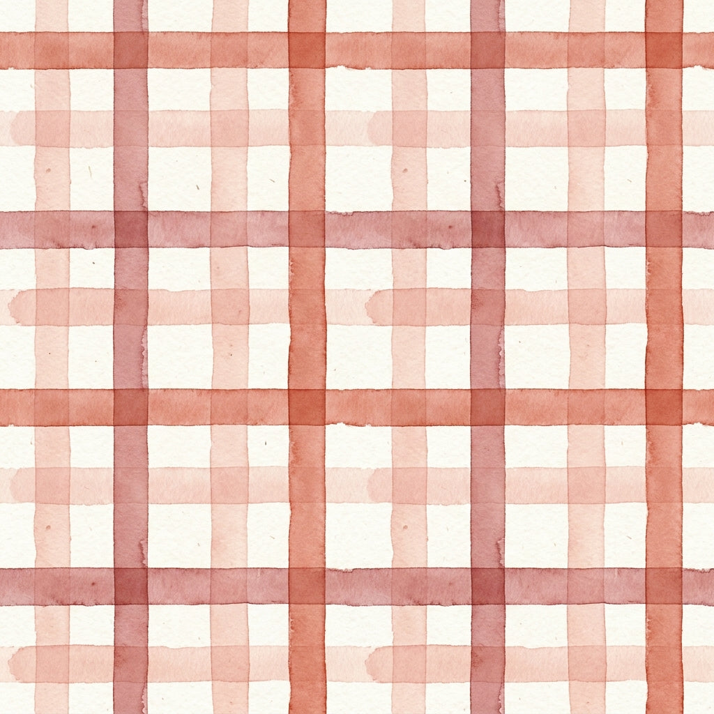 Red watercolour plaid wallpaper with coral red painted stripes forming a loose check on a cream background.
