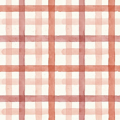 Red watercolour plaid wallpaper with coral red painted stripes forming a loose check on a cream background.