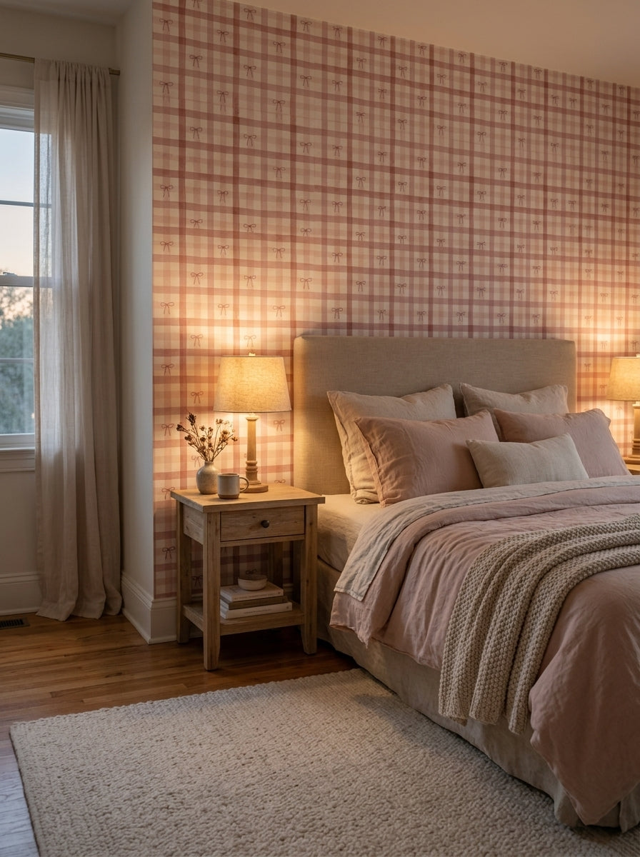 Pink plaid bow wallpaper in a bedroom.