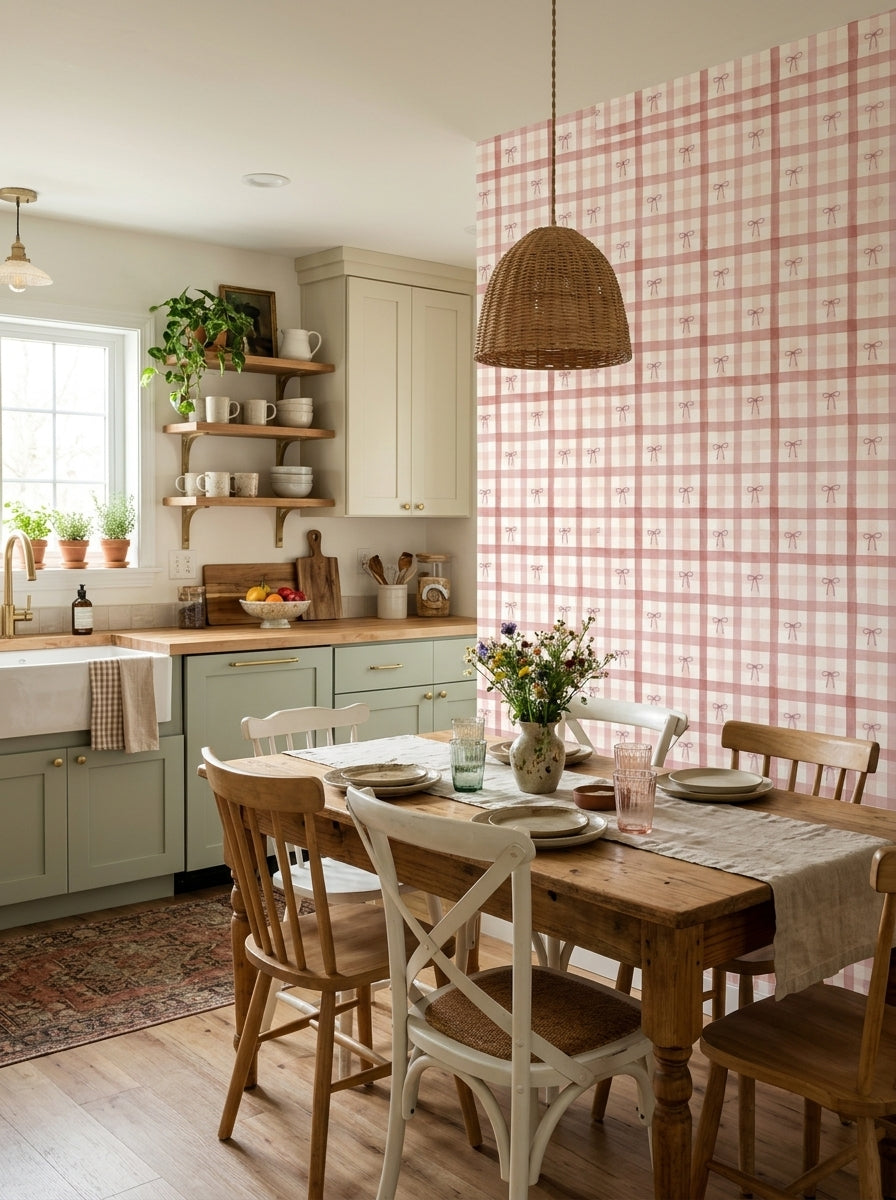 Pink plaid bow wallpaper in a kitchen.