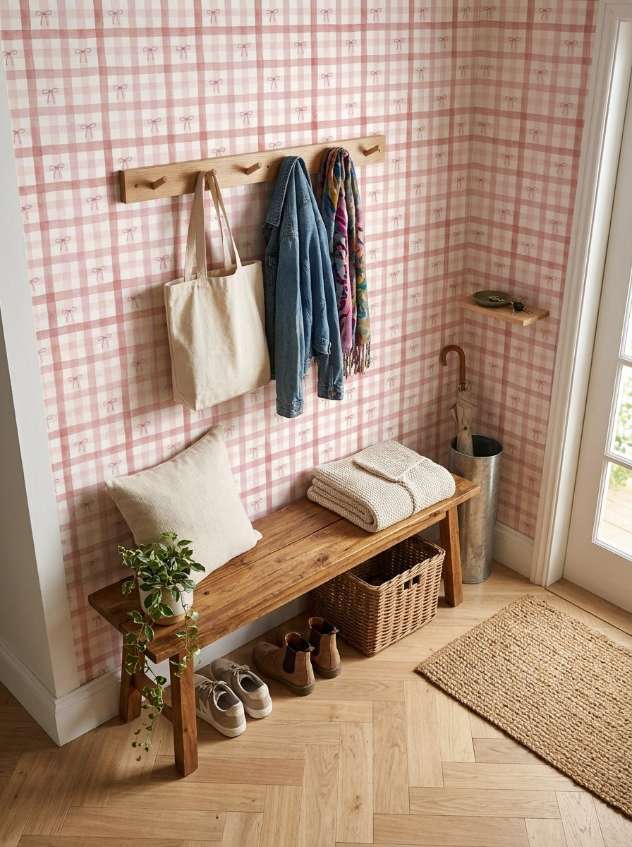 Pink plaid bow wallpaper in an entryway.