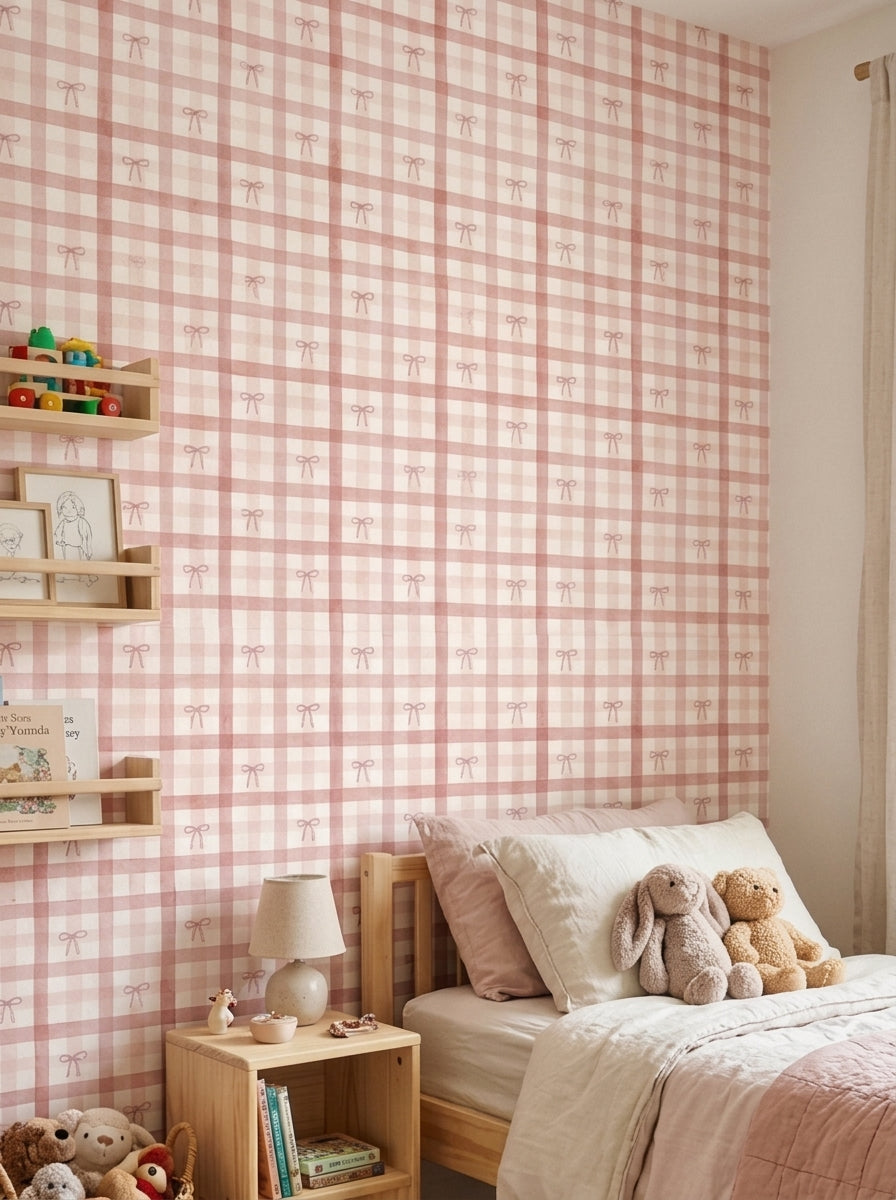 Pink plaid bow wallpaper in a kids’ bedroom.