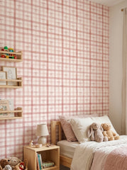 Pink plaid bow wallpaper in a kids’ bedroom.