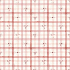 Pink plaid bow wallpaper with rose watercolour stripes and tiny bows on a pale pink and cream background.