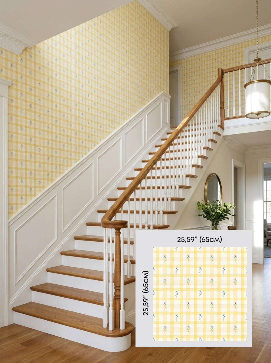 Yellow gingham wallpaper on a staircase wall, shown with a 65 cm (25.6 in) pattern sample.
