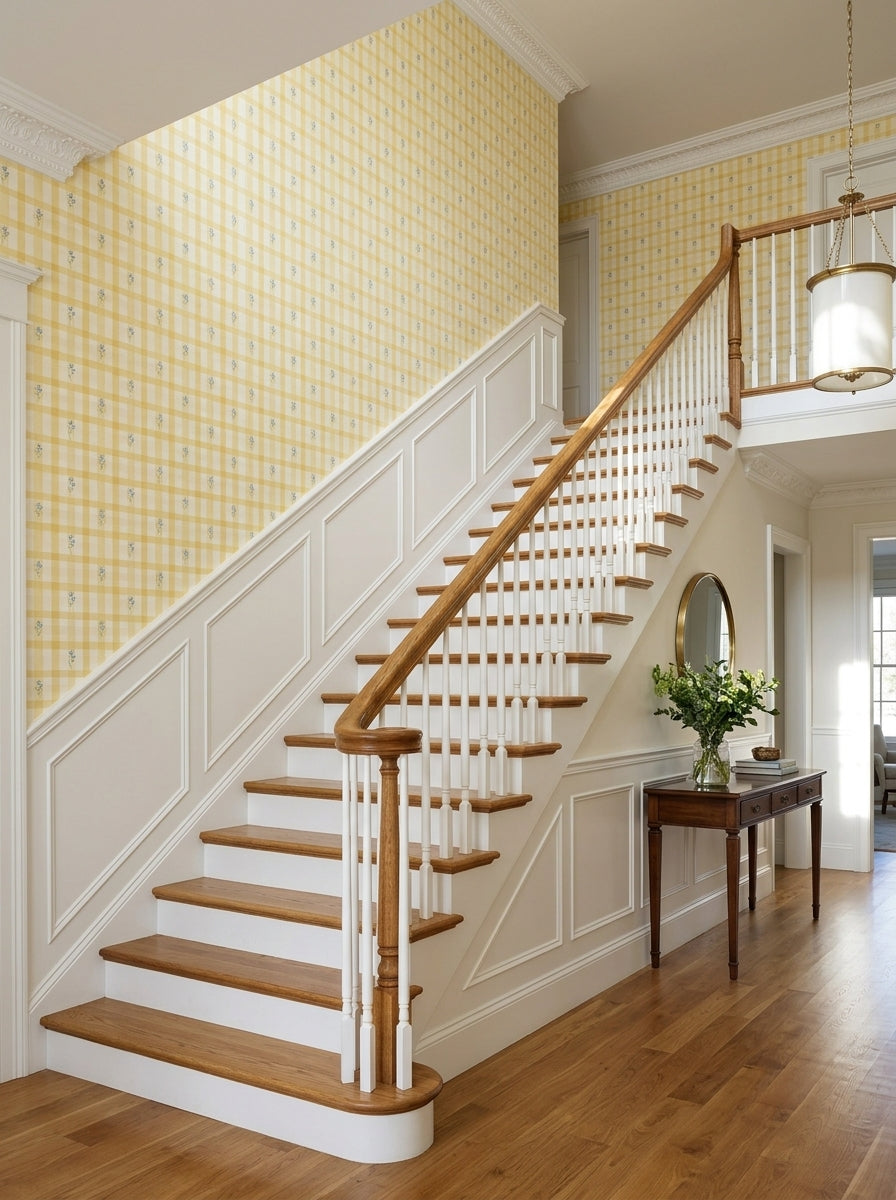Yellow gingham wallpaper on a staircase wall.
