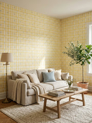 Yellow gingham wallpaper in a living room.