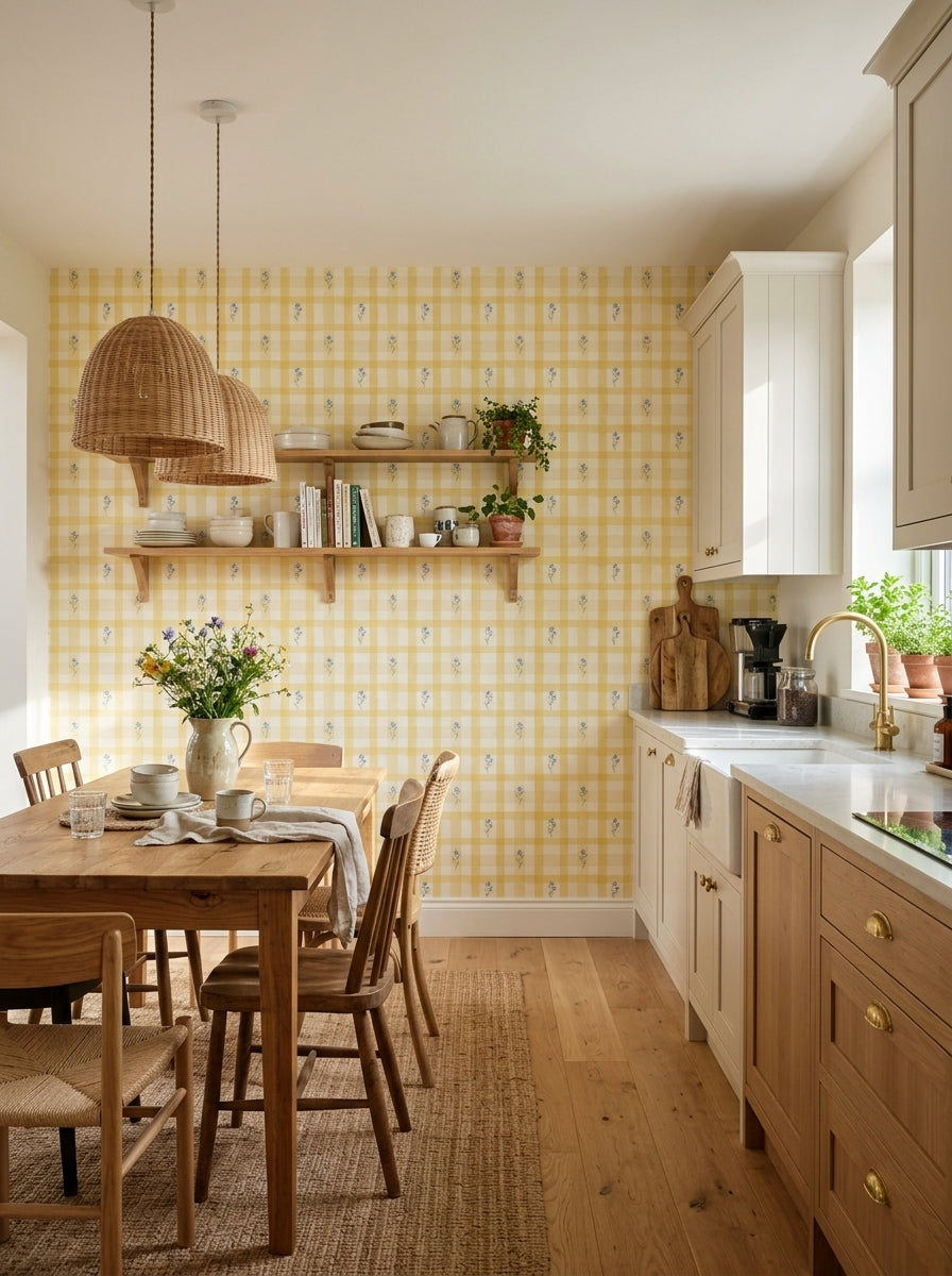 Yellow gingham wallpaper in a breakfast nook.