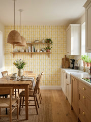 Yellow gingham wallpaper in a breakfast nook.