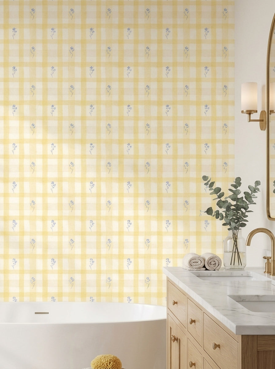 Yellow gingham wallpaper in a bathroom.