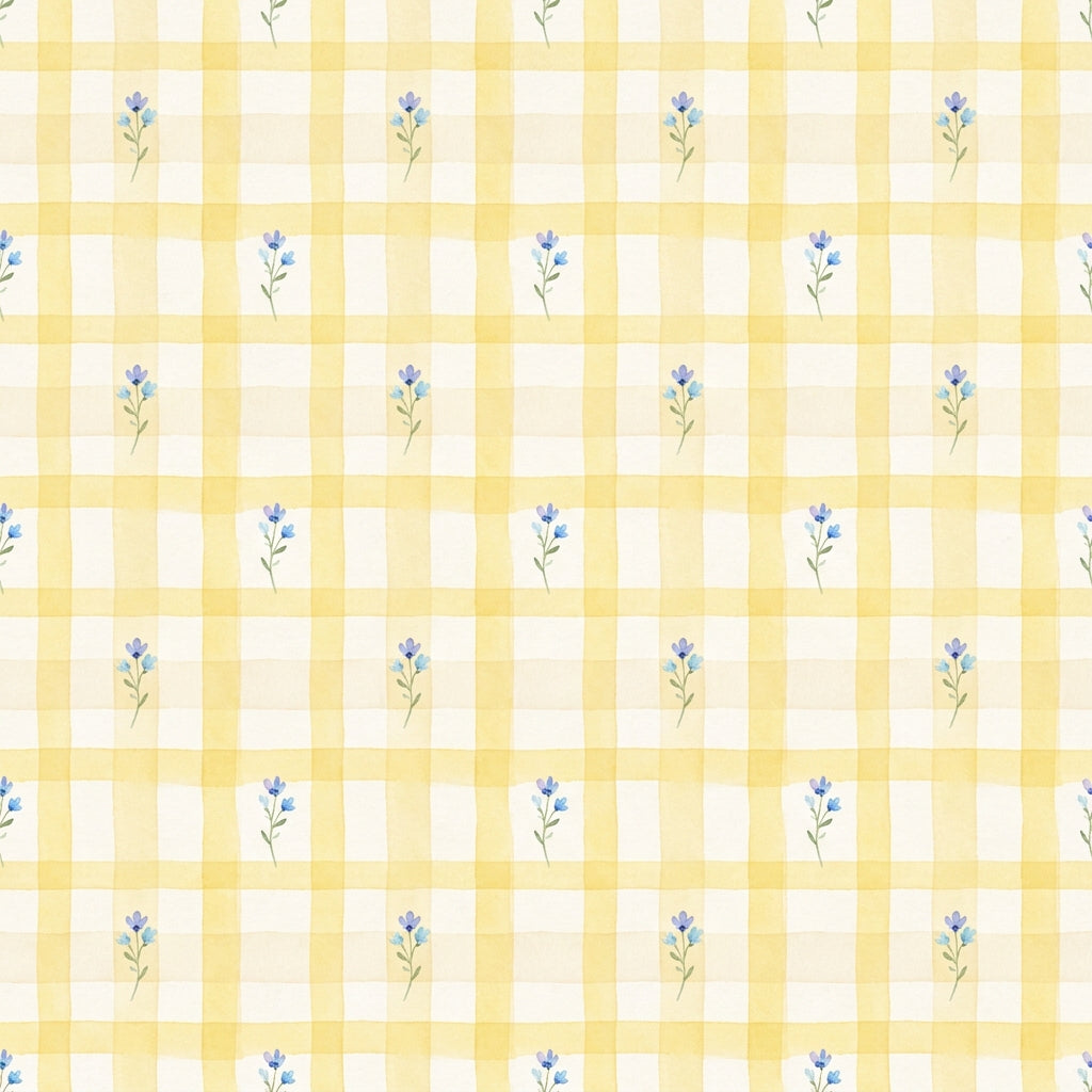 Yellow gingham wallpaper with a soft buttery watercolour check and tiny blue bluebell sprigs.