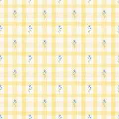 Yellow gingham wallpaper with a soft buttery watercolour check and tiny blue bluebell sprigs.