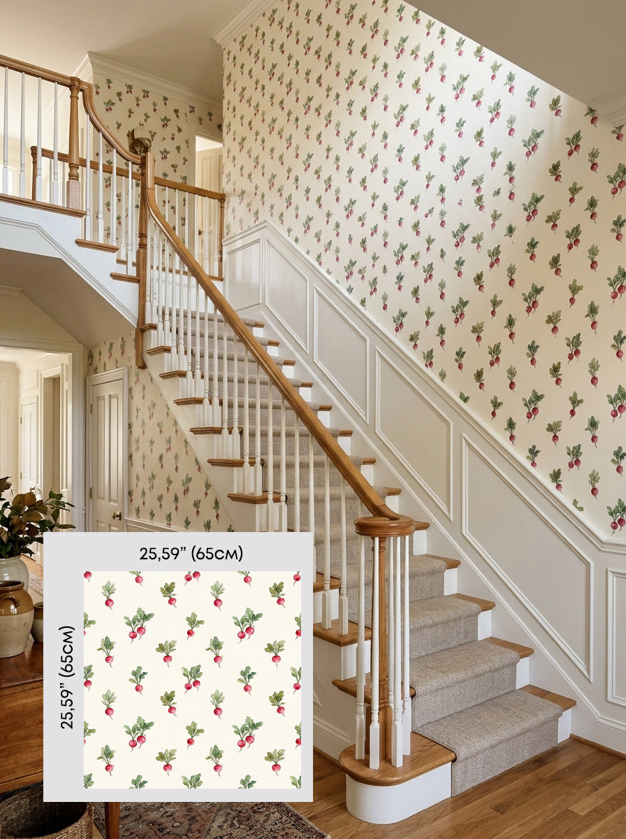 Radish wallpaper on a staircase wall, shown with a 65 cm (25.6 in) pattern sample.
