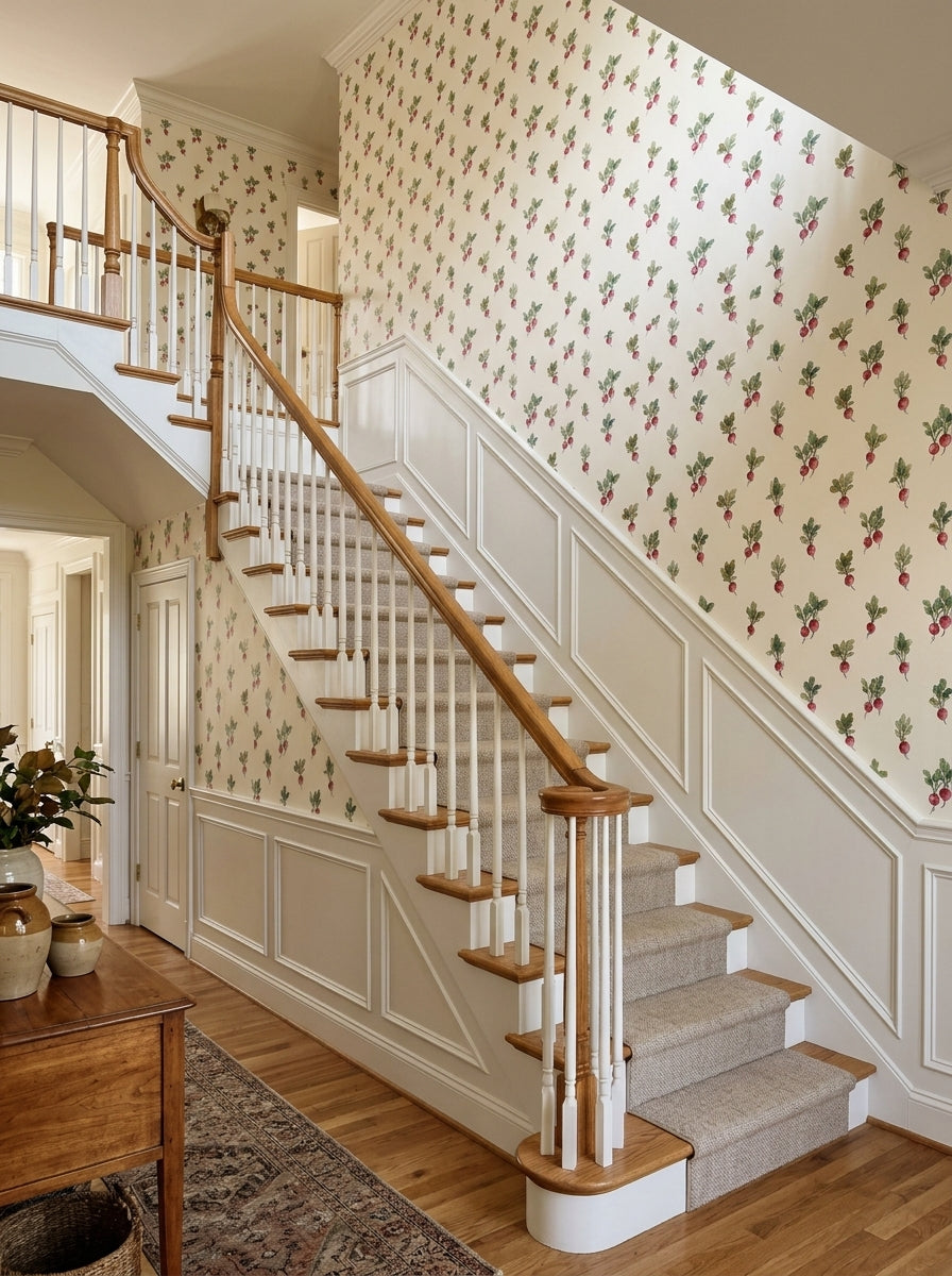 Radish wallpaper on a staircase wall.