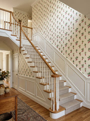 Radish wallpaper on a staircase wall.
