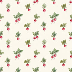 Radish wallpaper with watercolour pink radishes and green leaves scattered on a cream background.