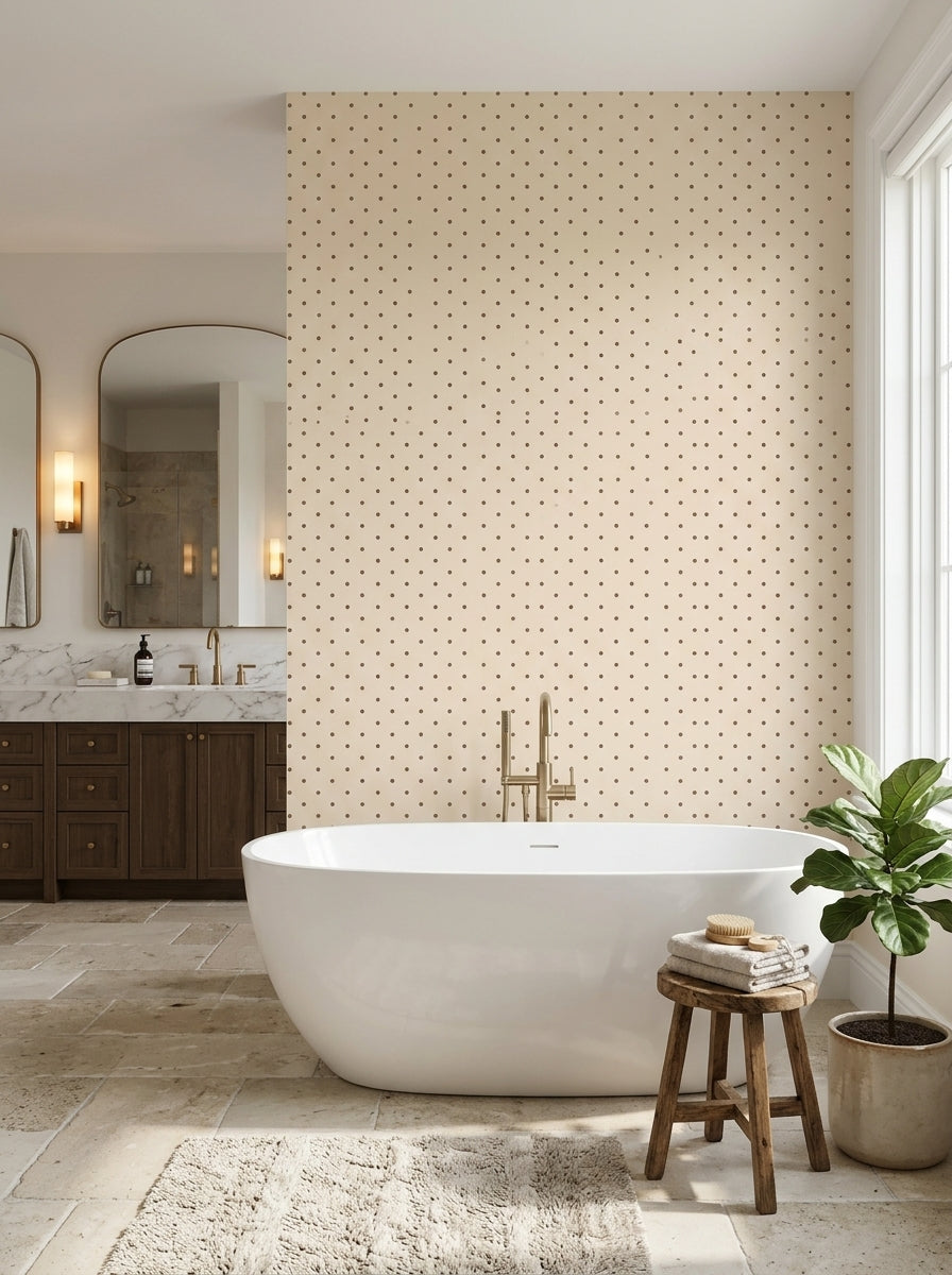 Brown polka dot wallpaper in a bathroom.