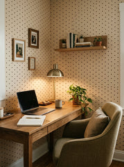 Brown polka dot wallpaper in a home office.