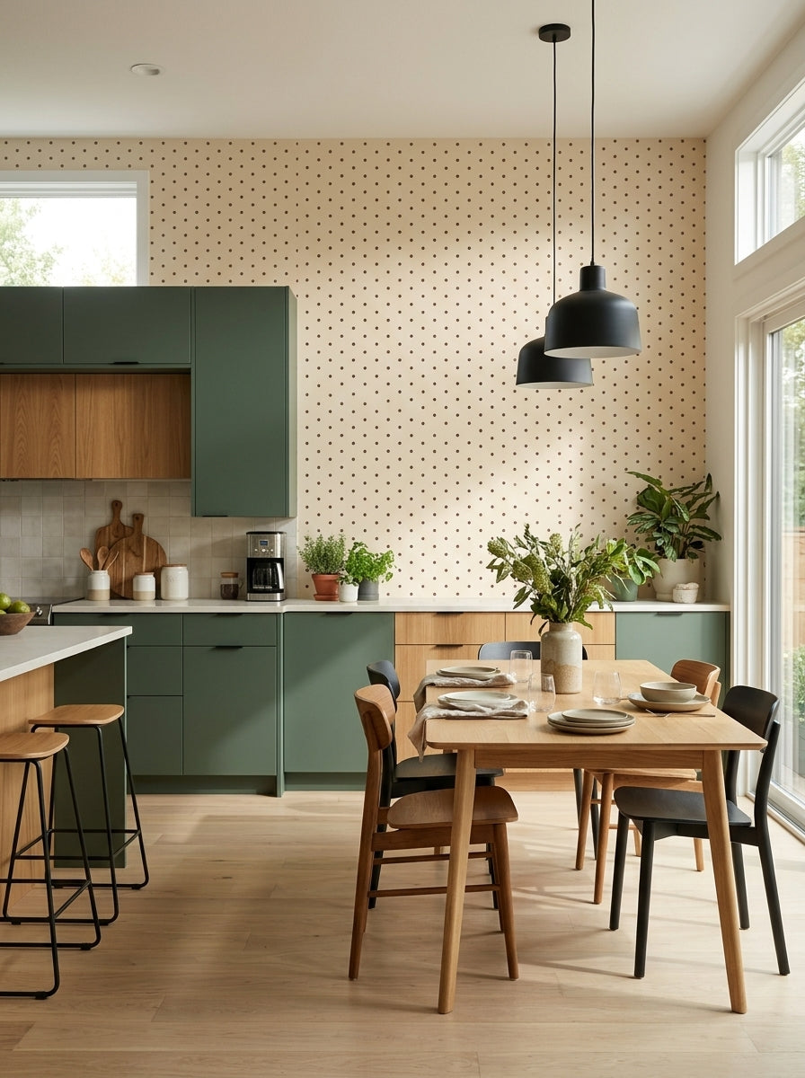 Brown polka dot wallpaper in a kitchen.