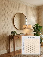 Brown polka dot wallpaper in an entryway, shown with a 65 cm (25.6 in) pattern sample.