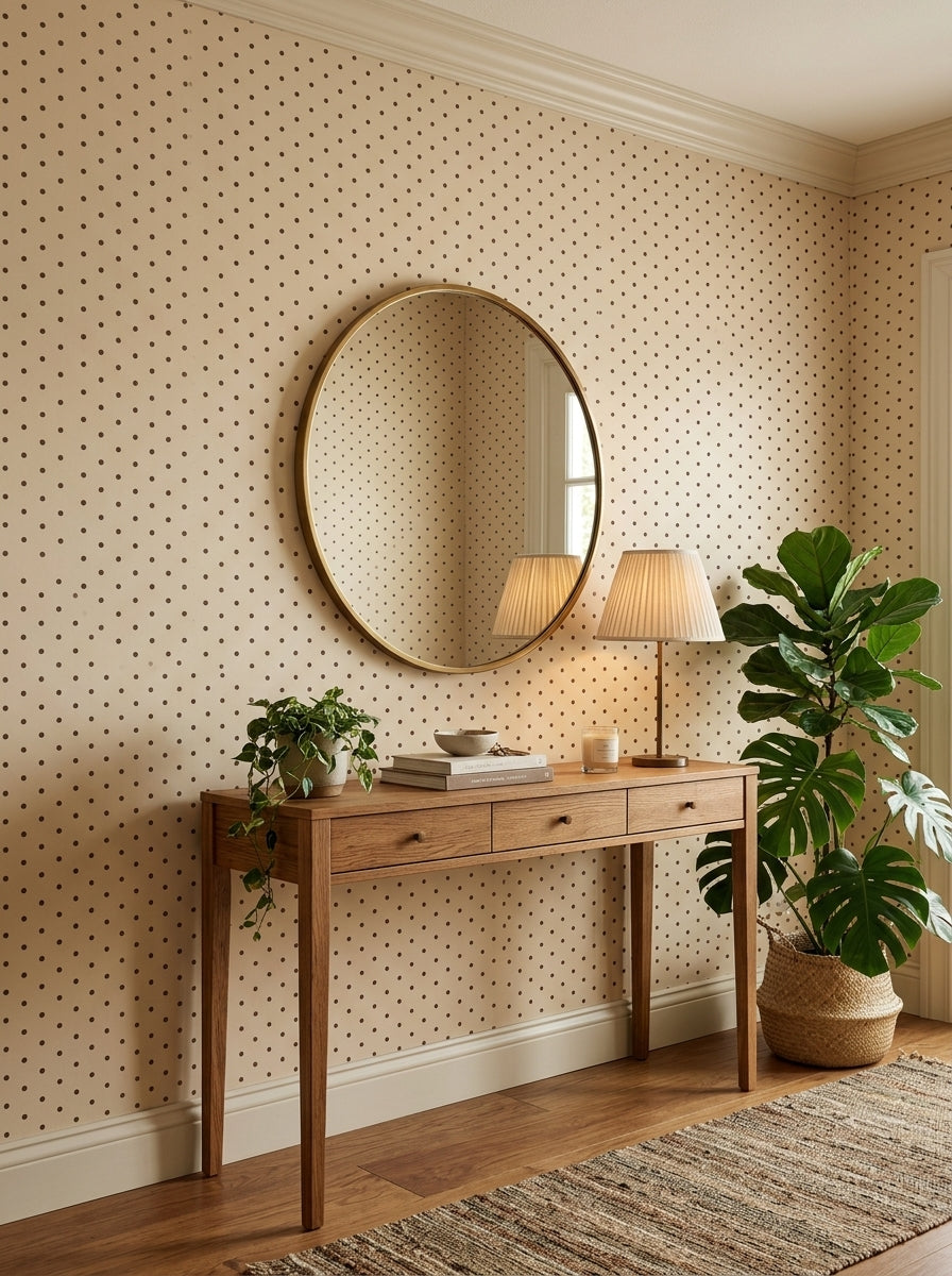 Brown polka dot wallpaper in an entryway.