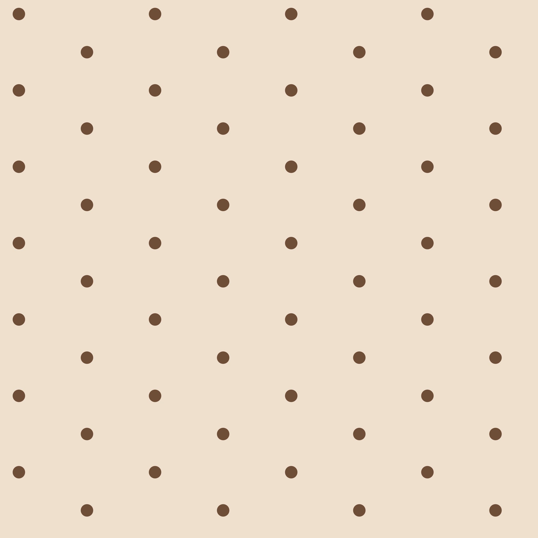 Brown polka dot wallpaper with small chocolate dots in a regular grid on a warm beige background.