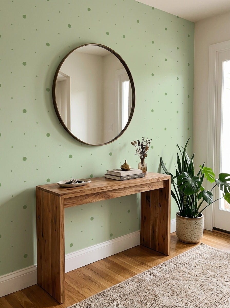 Sage polka dot wallpaper in an entryway.