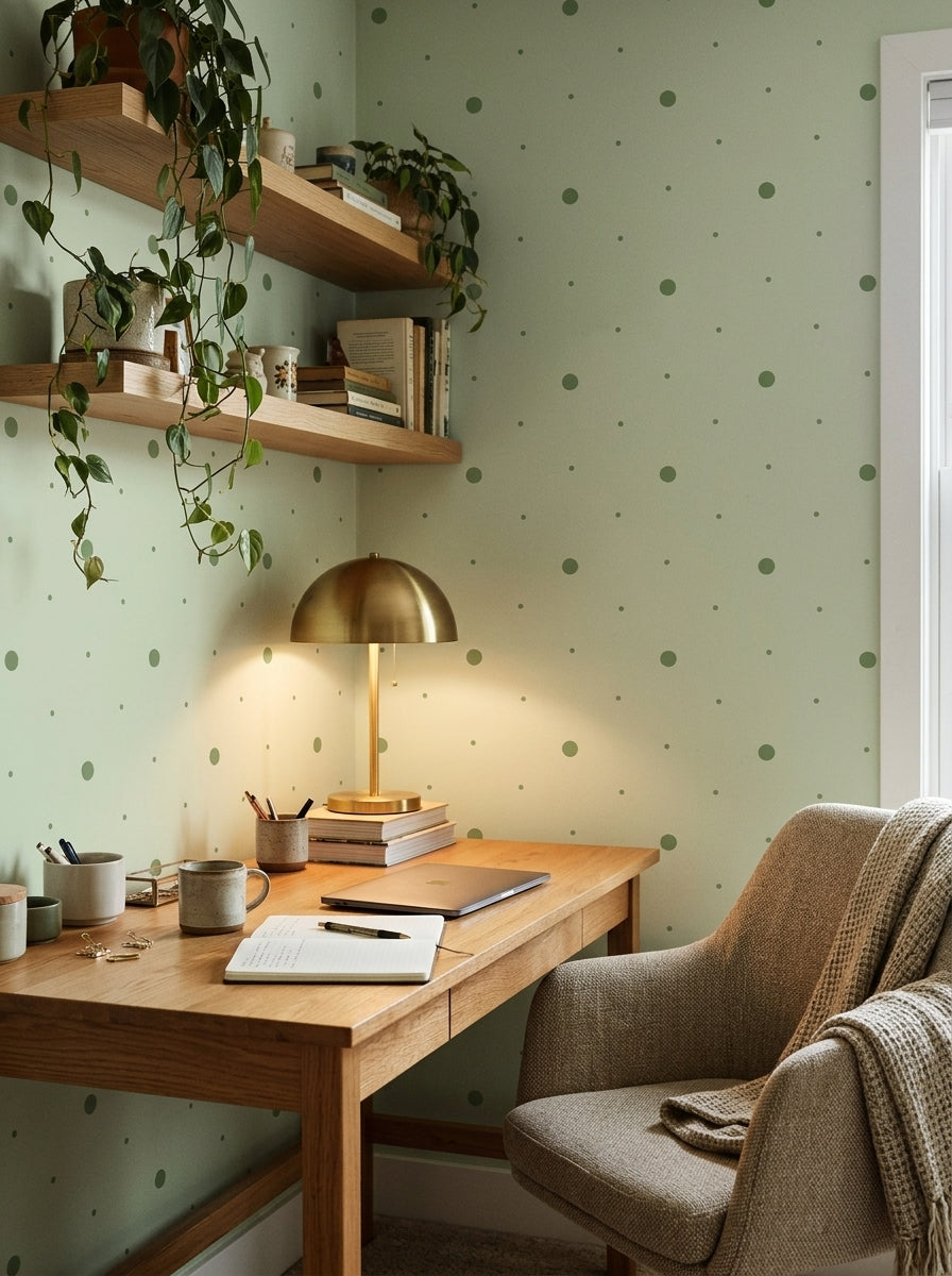 Sage polka dot wallpaper in a home office.
