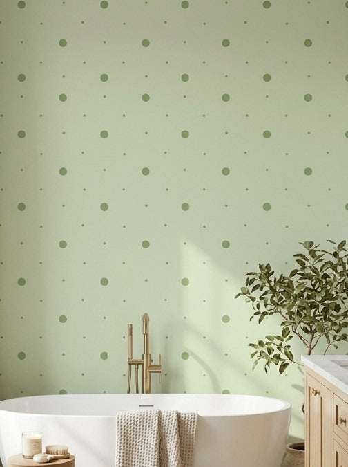 Sage polka dot wallpaper in a bathroom.