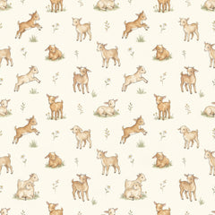Baby goats wallpaper with watercolour kids leaping and resting among grass tufts on a cream background.