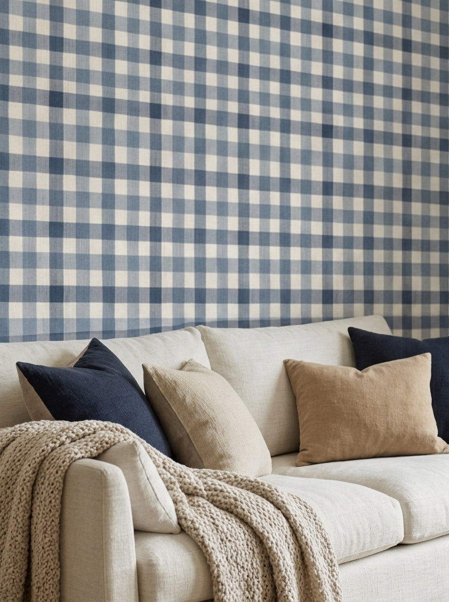 Navy gingham wallpaper in a living room.