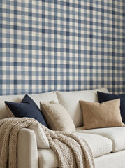 Navy gingham wallpaper in a living room.