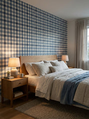 Navy gingham wallpaper in a bedroom.
