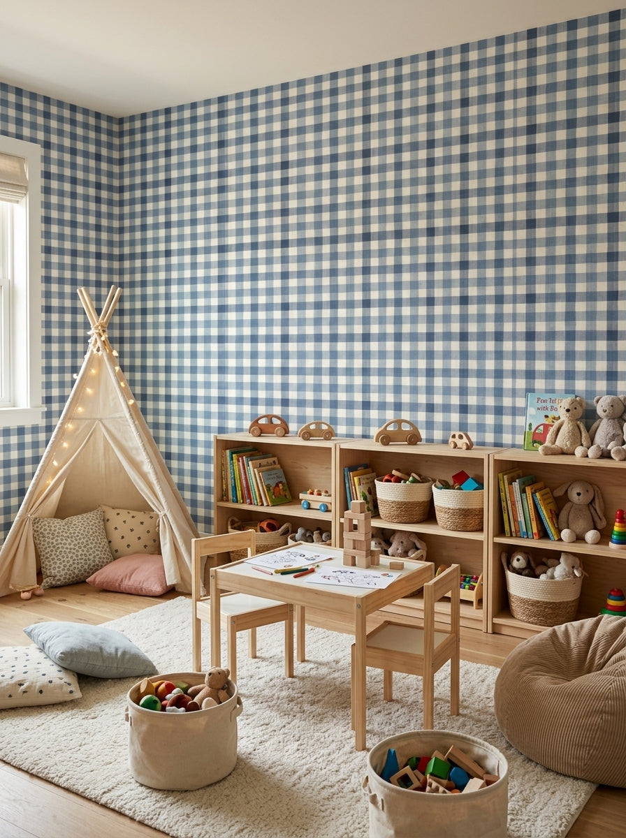 Navy gingham wallpaper in a playroom.