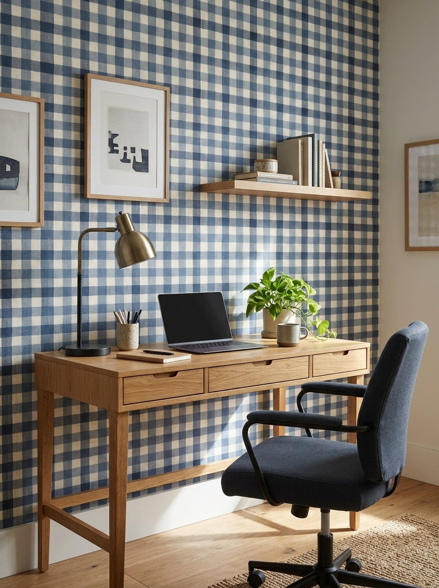 Navy gingham wallpaper in a home office.