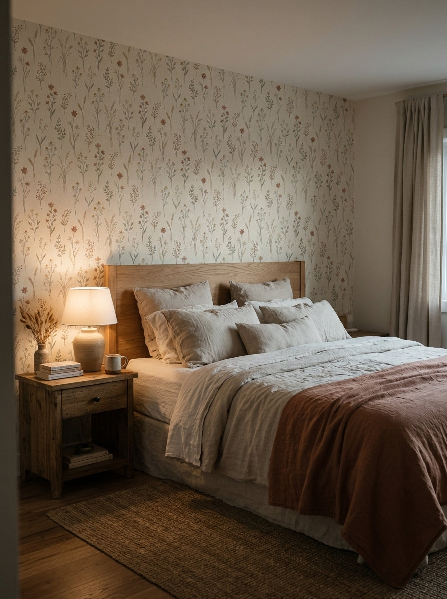 Meadow stems wallpaper in a bedroom.