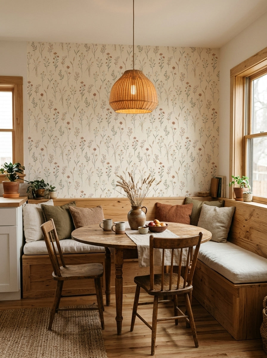 Meadow stems wallpaper in a breakfast nook.