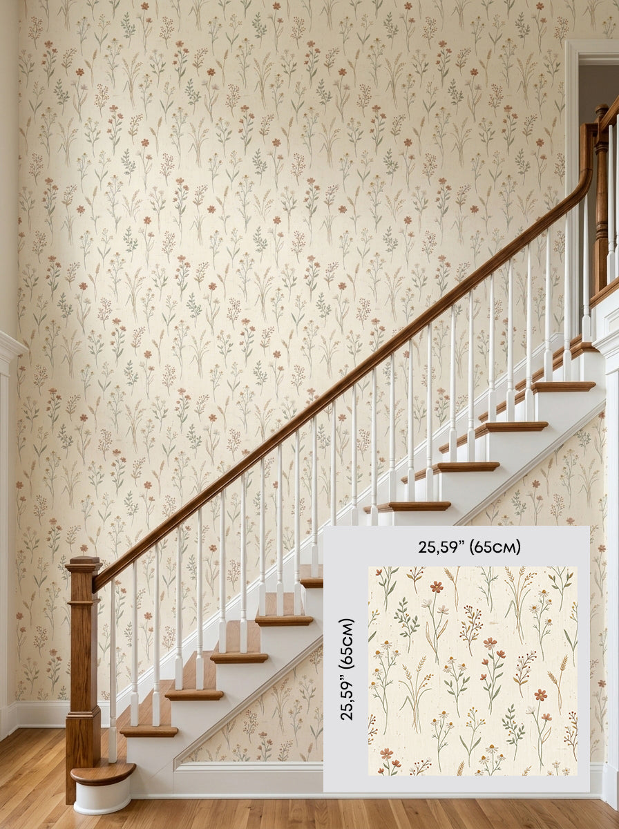 Meadow stems wallpaper on a staircase wall, shown with a 65 cm (25.6 in) pattern sample.