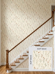 Meadow stems wallpaper on a staircase wall, shown with a 65 cm (25.6 in) pattern sample.