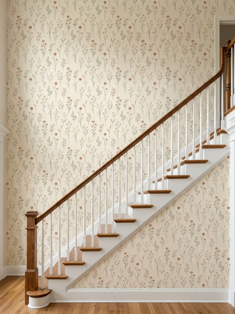 Meadow stems wallpaper on a staircase wall.