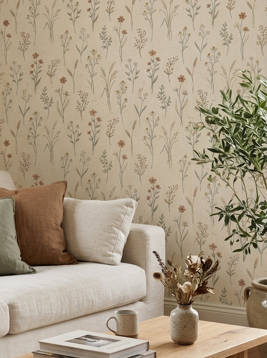 Meadow stems wallpaper in a living room.