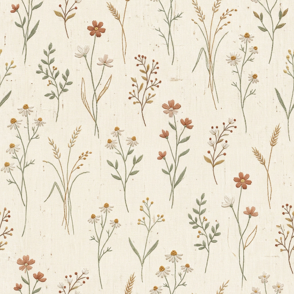 Meadow stems wallpaper with muted red flowers, sage leaves and berries on a cream background.