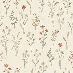 Meadow stems wallpaper with muted red flowers, sage leaves and berries on a cream background.