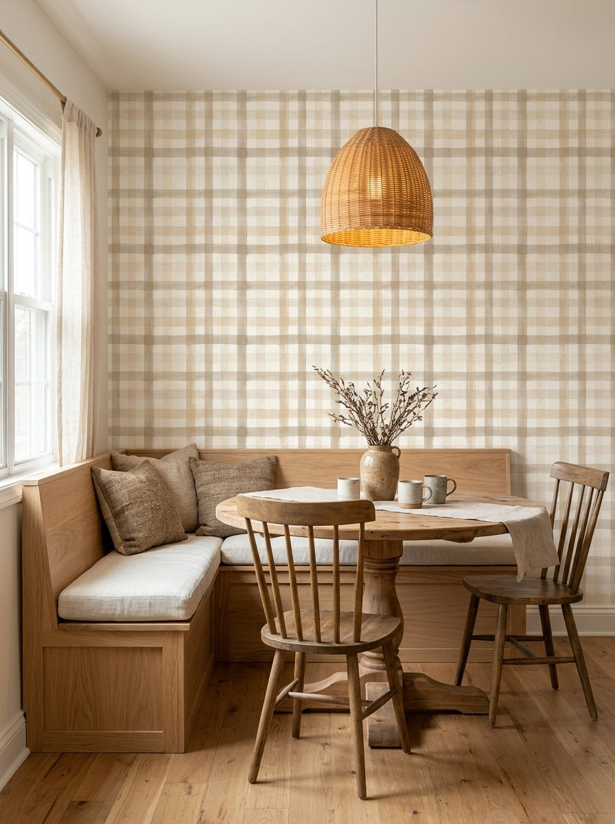 Sand plaid wallpaper in a breakfast nook.