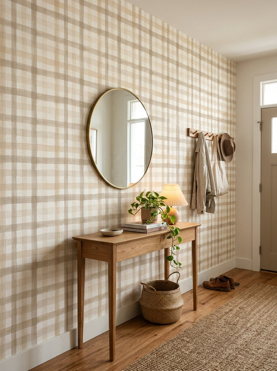 Sand plaid wallpaper in an entryway.