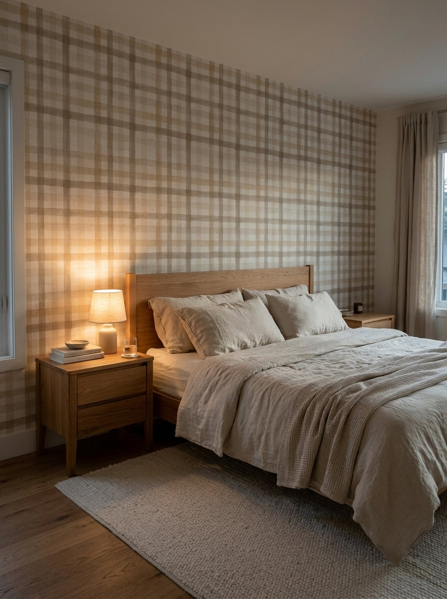 Sand plaid wallpaper in a bedroom.