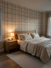 Sand plaid wallpaper in a bedroom.