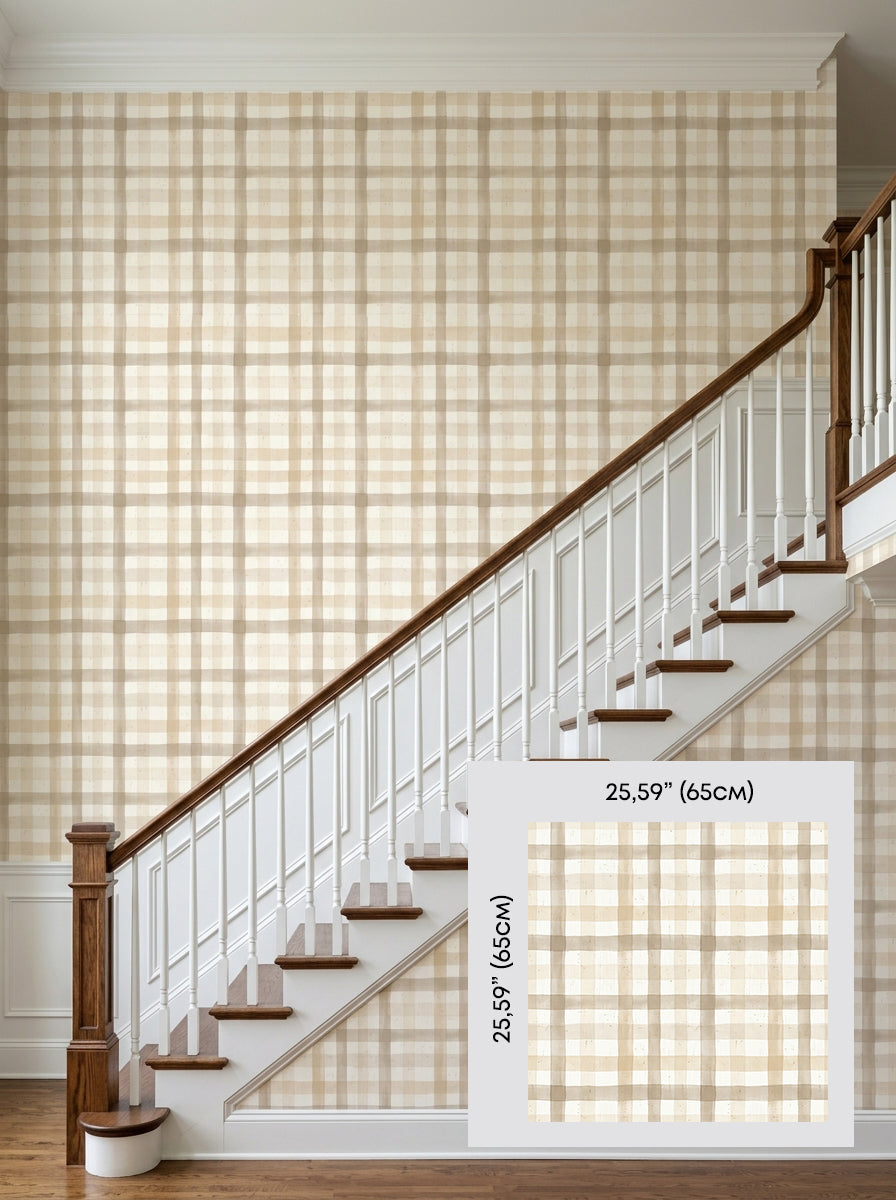 Sand plaid wallpaper on a staircase wall, shown with a 65 cm (25.6 in) pattern sample.