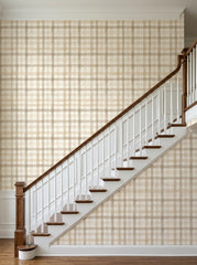 Sand plaid wallpaper on a staircase wall.